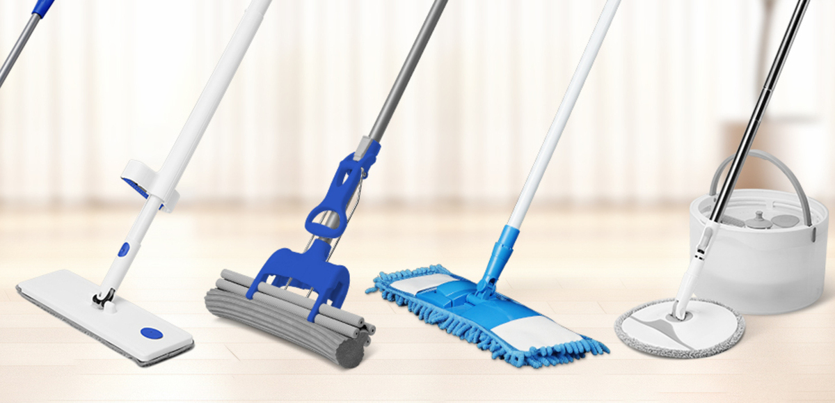 Sponge mop, microfiber mop, flat mop and spin mop for wet floor cleaning